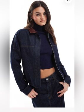 ASOS Dark Indigo Denim Jean Jacket with Brown Collar